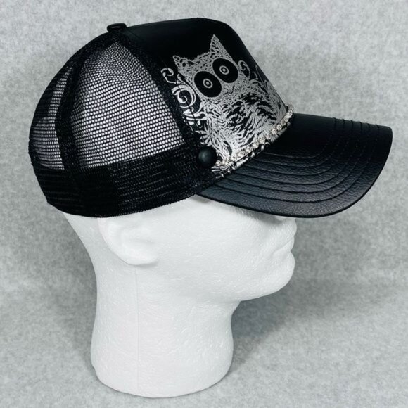 Hooters Hat Women’s Black Vegan‎ Leather Rhinestones Owl Snap Back OSFM Vtg main image 9
